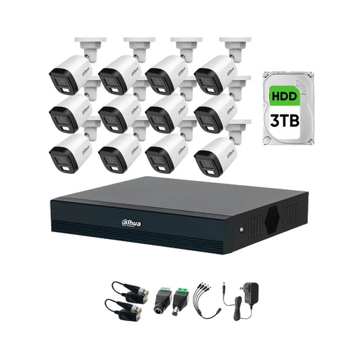 Kit Videovigilancia cronos 12 Cámaras dahua Bala B1A21N-U-IL luz dual con micrófono 2mp + HDD 3 TB + baluns + Accesorios - Kit Cctv HFW1209C-LOW-SC (dvr XVR1B16-I Circuito Cerrado)