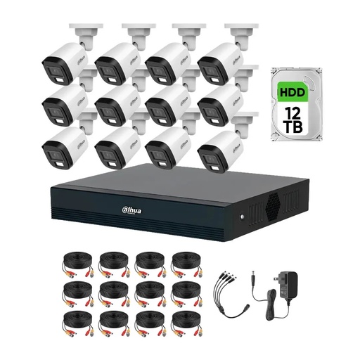 Kit Videovigilancia cronos 12 Cámaras dahua Bala B1A21N-U-IL luz dual con micrófono 2mp + HDD 12 TB + cables + Accesorios - Kit Cctv HFW1209C-HIGH-CC (dvr XVR1B16-I Circuito Cerrado)