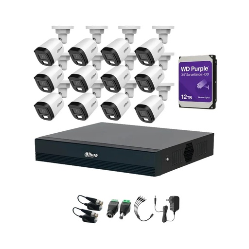 Kit Videovigilancia cronos 12 Cámaras dahua Bala B1A21N-U-IL luz dual con micrófono 2mp + HDD 12 TB WD purple + baluns + Accesorios - Kit Cctv HFW1209C-HIGH-SC (dvr XVR1B16-I Circuito Cerrado)
