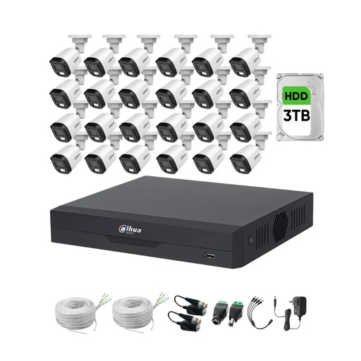 Kit Videovigilancia cronos 24 Cámaras dahua Bala B1A21N-U-IL luz dual con micrófono 2mp + HDD 3 TB + baluns + 2 bobinas UTP + Accesorios - Kit Cctv HFW1209C-LOW-CC (dvr XVR4232AN-I Circuito Cerrado)