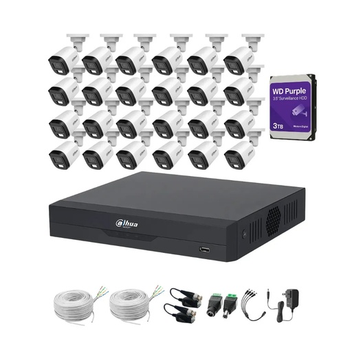 Kit Videovigilancia cronos 24 Cámaras dahua Bala B1A21N-U-IL luz dual con micrófono 2mp + HDD 3 TB WD purple + 2 bobinas UTP + Accesorios - Kit Cctv HFW1209C-LOW-CC (dvr XVR4232AN-I Circuito Cerrado)