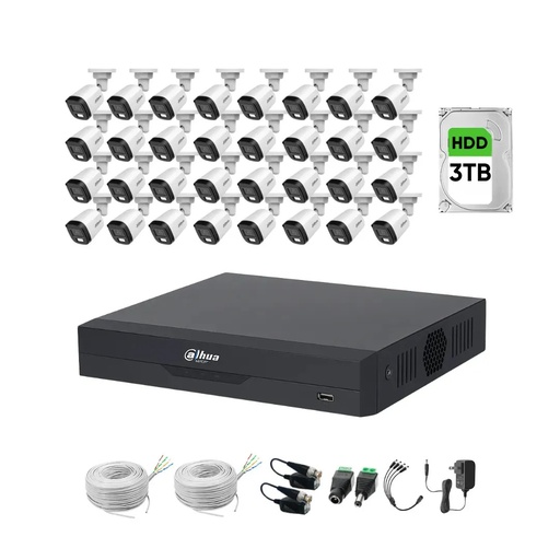 Kit Videovigilancia cronos 32 Cámaras dahua Bala B1A21N-U-IL luz dual con micrófono 2mp + HDD 3 TB + baluns + 2 bobinas UTP + Accesorios - Kit Cctv HFW1209C-LOW-CC (dvr XVR4232AN-I Circuito Cerrado)