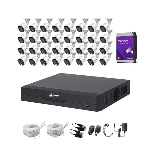 Kit Videovigilancia cronos 32 Cámaras dahua Bala B1A21N-U-IL luz dual con micrófono 2mp + HDD 6 TB WD purple + 2 bobinas UTP + Accesorios - Kit Cctv HFW1209C-HIGH-CC (dvr XVR4232AN-I Circuito Cerrado)
