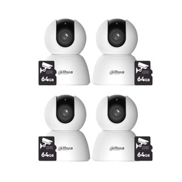 kit 4 cámaras dahua para interiores panorámica 355° wifi 6 DH-H3I audio bidireccional 3mp sirena disuasiva detección y rastreo inteligente  + 4 MicroSd 64GB + Accesorios - Kit CCTV