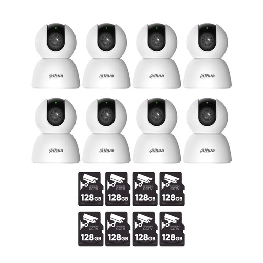 kit 8 cámaras dahua para interiores panorámica 355° wifi 6 DH-H3I audio bidireccional 3mp sirena disuasiva detección y rastreo inteligente  + 8 MicroSd 128GB + Accesorios - Kit CCTV