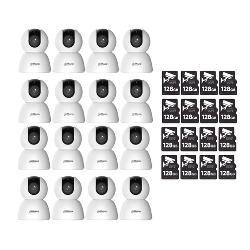 kit 16 cámaras dahua para interiores panorámica 355° wifi 6 DH-H3I audio bidireccional 3mp sirena disuasiva detección y rastreo inteligente  + 16 MicroSd 128GB + Accesorios - Kit CCTV