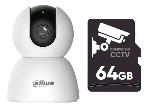 dahua cámara de seguridad para interiores panorámica 355° wifi 6 DH-H4I audio bidireccional 4mp sirena disuasiva detección y rastreo inteligente  + MicroSd 64GB + Accesorios - Kit CCTV