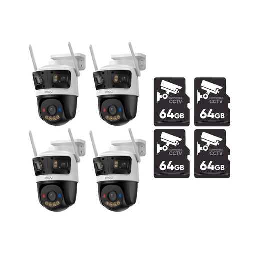 Kit Videovigilancia Cronos 4 Cámaras Imou Cruiser 11mp s7un-11m0wed triple lente Ip Wifi Imagen A Color 24/7 Audio Bidireccional Detección Con Ia + 4 Micro SD 64 GB + Accesorios - Kit Cctv