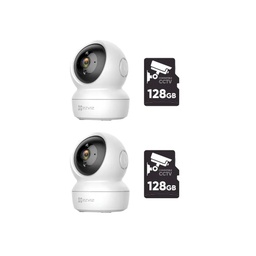 Kit cronos 2 cámaras ip ezviz C6N-B color blanco para interiores movimiento panoramico wifi 2mp audio bidireccional visión nocturna detección de humanos notificaciones + 2 micro sd 128 GB - kit cctv