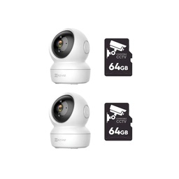 Kit cronos 2 cámaras ip ezviz C6N-B color blanco para interiores movimiento panoramico wifi 2mp audio bidireccional visión nocturna detección de humanos notificaciones + 2 micro sd 64 GB - kit cctv
