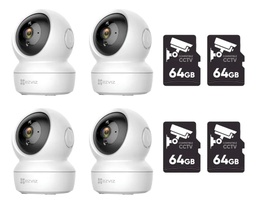 Kit cronos 4 cámaras ip ezviz C6N-B color blanco para interiores movimiento panoramico wifi 2mp audio bidireccional visión nocturna detección de humanos notificaciones + 4 micro sd 64 GB - kit cctv