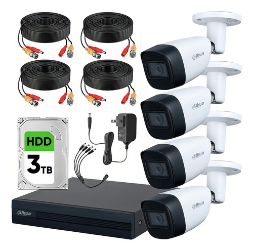 KIT DHT0250011 4 Canales Dahua 4 Cámaras Metálicas +Audio IA HDD 3TB