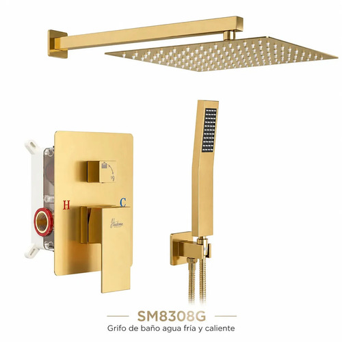 Grifo de baño de agua fría y caliente con cabezal de ducha de 8". Dorado Cepillado