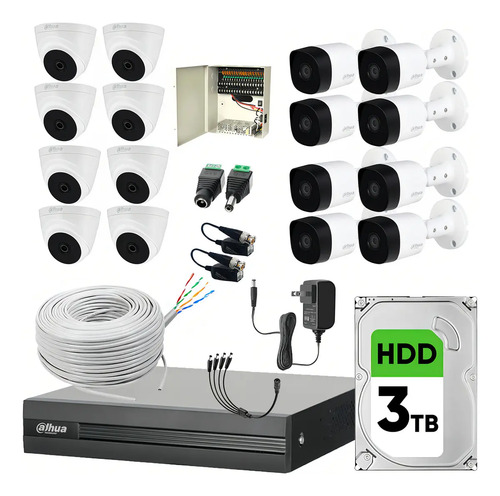 Kit CCTV DHT0250010 de DVR de 16 Ch KITXVR1B04-2MP, 8 Camaras Bala, 8 Camaras Domo + Disco Duro 3 TB