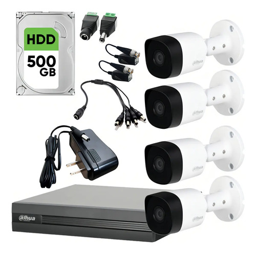 DHT0250019 Kit Videovigilancia Cronos 4 Cámaras Dahua Bala B1A11 1MP +HDD 500GB + Baluns + Accesorios - Kit CCTV KITXVR1B04SC-500GB (DVR Dahua XVR1B04-I Circuito Cerrado)