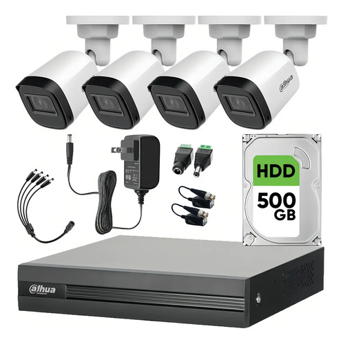 Kit DHT0250010 CCTV Dahua KITXVR1B04-2MP de 4 Canales 2 MP con 4 Camaras B1A21 1080P + Disco Duro 500 GB