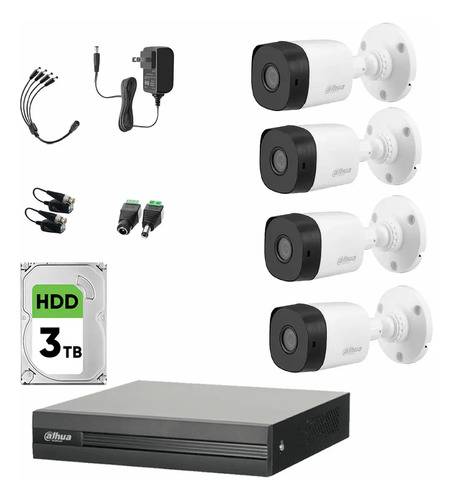 Kit DHT0250010 CCTV Dahua KITXVR1B04-2MP de 4 Canales 2 MP con 4 Camaras B1A21 1080P + Disco Duro 3 TB