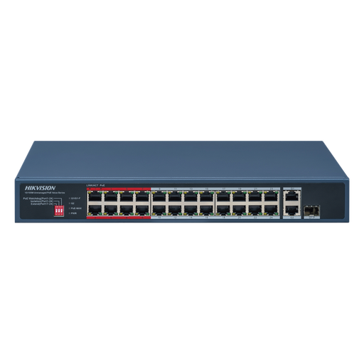 Switch PoE+ / No Administrable / 24 Puertos 10/100 Mbps PoE+ / 1 Puerto 10/100/1000 Mbps + 1 Puerto SFP Uplink / PoE hasta 250 metros / 230 W