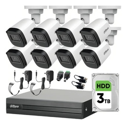 Kit DVR DHT0250010 8 Canales KITXVR1B04-2MP, 8 Cámaras 1080p Dahua con Conectores y Balluns + HDD 3 TB