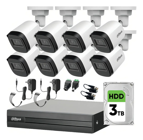 Kit DVR DHT0250010 8 Canales KITXVR1B04-2MP, 8 Cámaras 1080p Dahua con Conectores y Balluns + HDD 3 TB