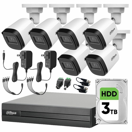 Kit DHT0250010 DVR 8 Ch KITXVR1B04-2MP 6 Cámaras 1080p Dahua con Conectores y Balluns Dahua + HDD 3TB