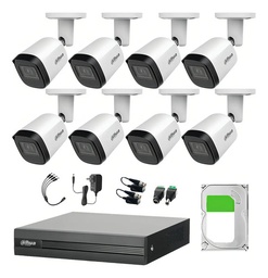 Kit DHT0260003 Dahua e 8 Canales 2 Mp WizSense con 8 Camaras B2A21 1080p Metalicas, con Transceptores + HDD 3 TB
