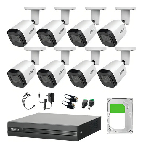 Kit DHT0260003 Dahua e 8 Canales 2 Mp WizSense con 8 Camaras B2A21 1080p Metalicas, con Transceptores + HDD 3 TB