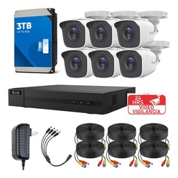 KIT CCTV TurboHD 720p con DVR 8 canales y 6 Cámaras Bala (4 Metálicas y 2 Plasticas) + Disco Duro 3 TB (Con Cables)