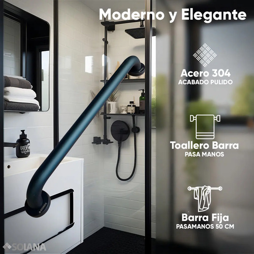 Toallero Barra De Seguridad De Acero Inoxidable de 50cm Solana Modelo Salvia Color Negro Alta Resistencia a la Corrosión y Soporta Hasta 1 Tonelada
