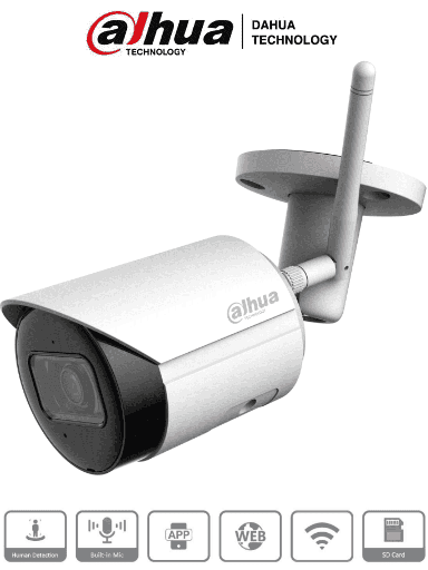 Camara IP Bullet Wifi de 4 Megapixeles/ Lente de 2.8mm/ 90 Grados de Apertura/ H.265+/ IR de 30 Metros/ Microfono Integrado/ Ranura para MicroSD/ Metalica/ IP67/ DWDR/ Videoanaliticos con SMD