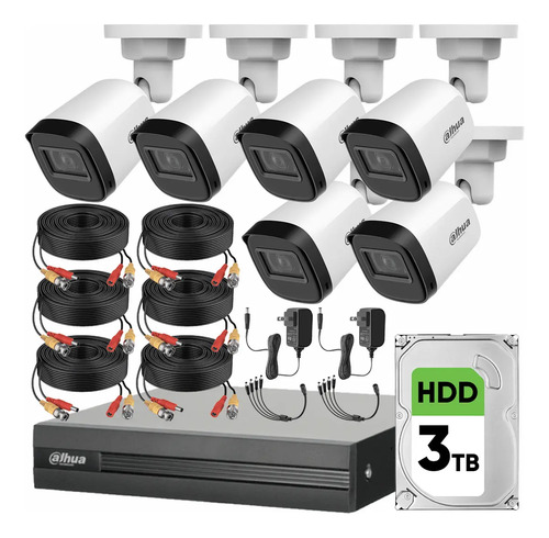 Kit DHT0250010 DVR 8 Ch KITXVR1B04-2MP, 6 Cámaras 1080p Dahua con Cables + HDD 3TB