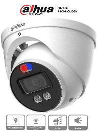 Dahua HAC-ME1239HN-A-PV - Cámara Domo TiOC de 2 Megapixeles/ Disuasion Activa Luz Roja y Azul/  Lente de 3.6 mm/ Super Adapt/ Microfono y Altavoz Integrados/ 40 Metros de Iluminación (IR y Cálida)/ Metalica/ IP67/ DH-HAC-ME1239HN-A-PV