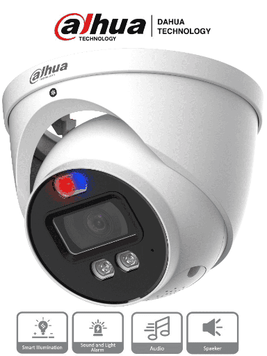 Dahua HAC-ME1239HN-A-PV - Cámara Domo TiOC de 2 Megapixeles/ Disuasion Activa Luz Roja y Azul/  Lente de 3.6 mm/ Super Adapt/ Microfono y Altavoz Integrados/ 40 Metros de Iluminación (IR y Cálida)/ Metalica/ IP67/ DH-HAC-ME1239HN-A-PV