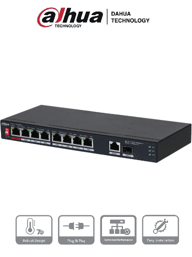 DAHUA PFS3110-8ET1GT1GF-96 -Switch PoE de 10 Puertos/  8 Puertos Poe 10/100/ 1 Puerto SFP de 1000 Mbps/ 1 Puerto Uplink de 10/100/1000/ 96 Watts Totales/ Alimentación hasta 250 Mts/ Soporta PoE Whatchdog/ Puerto Rojo soporta IEEE 802.3bt/ #LoNuevo DH-PFS3110-8ET1GT1GF-96