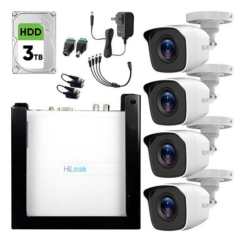 Hilook KIT7204BP Kit TurboHD 720p / DVR 4 canales, 4 cámaras Bala de Plastico y HDD 3 TB + Accesorios