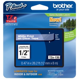 Cinta rotuladora Brother TZe-S135 12mm blanco/transparente