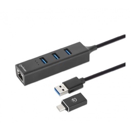 Hub USB 3.0 Manhattan 180894 3 puertos con Gigabit Ethernet
